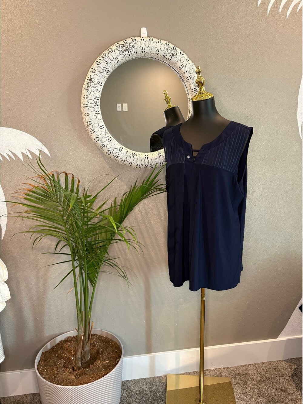Navy Blue Sleeveless Blouse with Pinstripe Detail